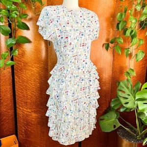 ABSTRACT GEOMETRIC PRINT 1980’s 80s Vintage White Rayon Cocktail Party Dress S M